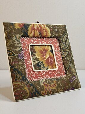 Vintage Artisan Fabric Photo Frame Cotton Padded 9"x9" Floral Tan Large '70s